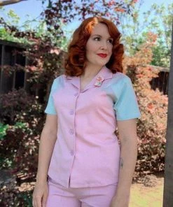 Star Struck 40s Tri-Tone Short Sleeve Work Blouse In Rose Pink Women's Apparel
