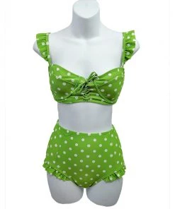Glitz Glam And Rebellion Ruffled Polkadot 2 Piece Swimsuit In Lime Green