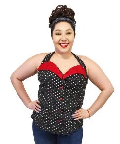 ChicStar Foldover Halter Top In Black With White Dots