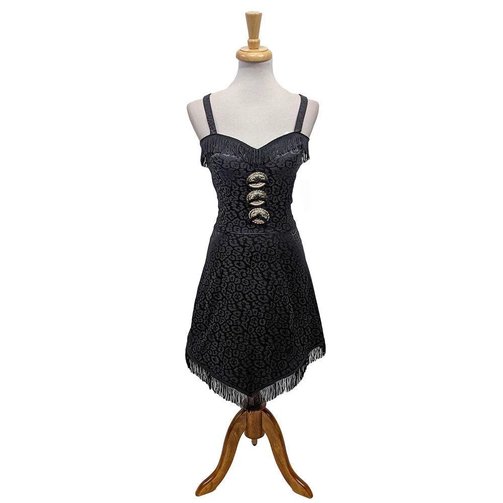 Women's Apparel Switchblade Stiletto Dolly Concho Fringe Dress In Black Leopard 4 Women's Apparel Switchblade Stiletto Dolly Concho Fringe Dress In Black Leopard