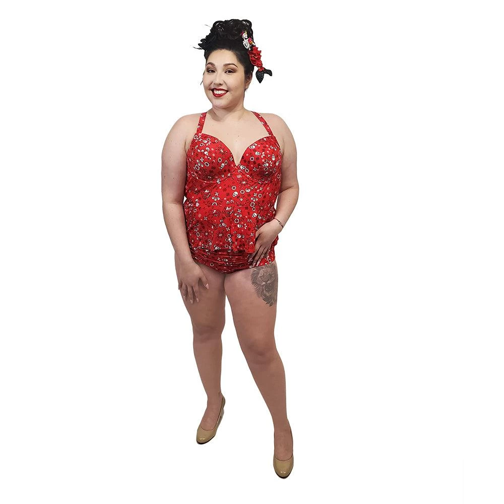 Glitz Glam And Rebellion Bandana And Skulls Two Piece Swimsuit In Red Women's Apparel 3 Glitz Glam And Rebellion Bandana And Skulls Two Piece Swimsuit In Red Women's Apparel