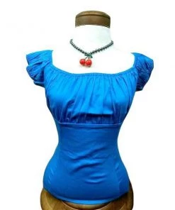 Glitz Glam And Rebellion Pinup Peasant Top In Solid Turquoise Blue
