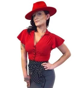 ChicStar Flutter Sleeve Forties Blouse In Red Women's Apparel