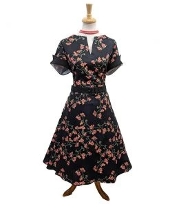 ChicStar 40's Split Neck Floral Swing Dress In Black Women's Apparel