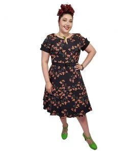 ChicStar 40's Split Neck Floral Swing Dress In Black Women's Apparel