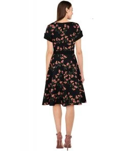 ChicStar 40's Split Neck Floral Swing Dress In Black Women's Apparel