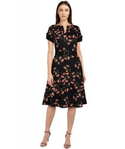 ChicStar 40's Split Neck Floral Swing Dress In Black Women's Apparel