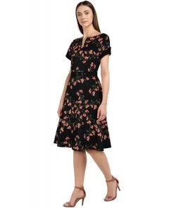 ChicStar 40's Split Neck Floral Swing Dress In Black Women's Apparel