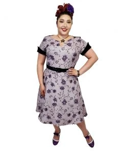 ChicStar 40's Split Neck Floral Swing Dress In Lavender