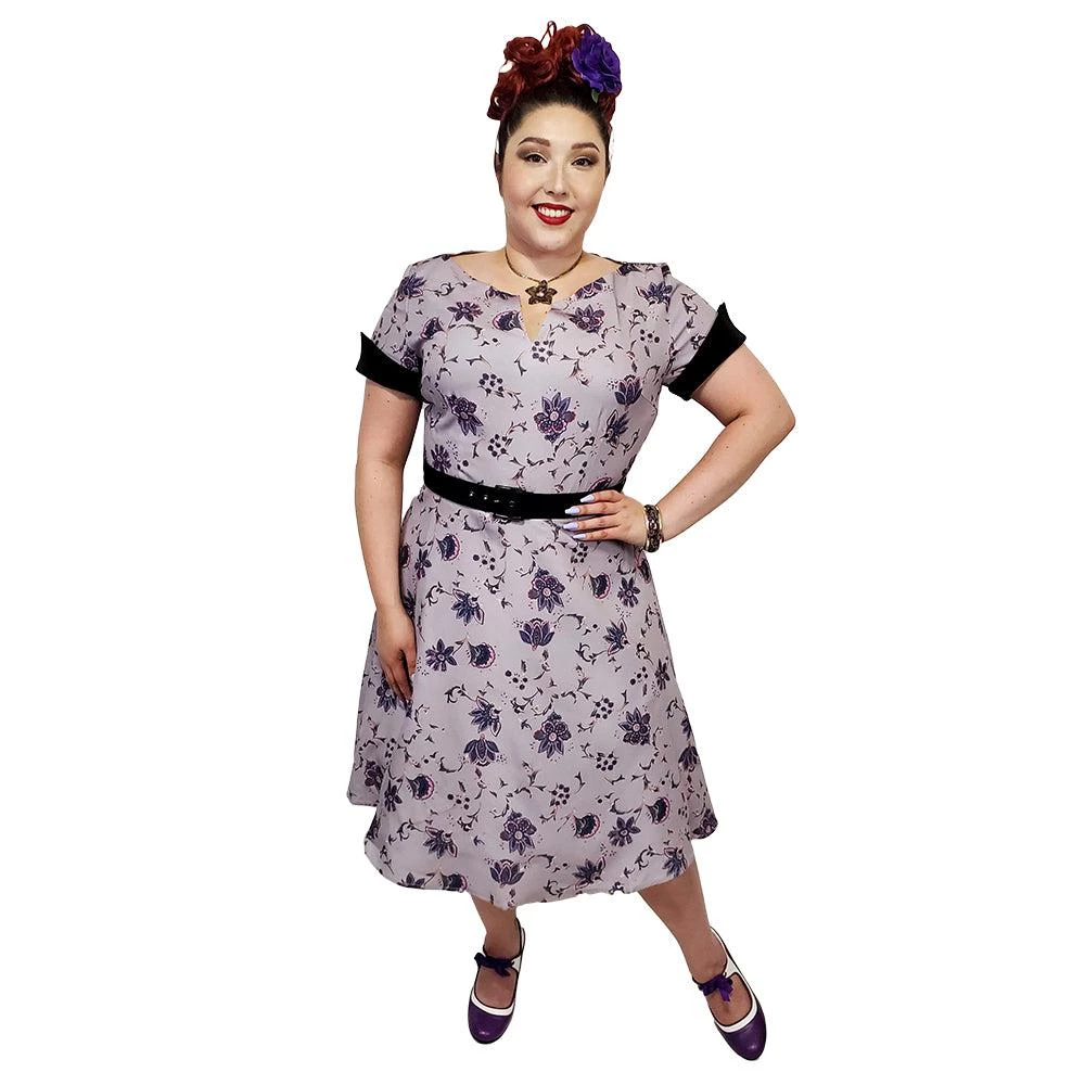 ChicStar 40's Split Neck Floral Swing Dress In Lavender 3 ChicStar 40's Split Neck Floral Swing Dress In Lavender