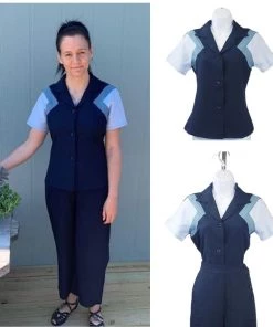 Star Struck 40s Tri-Tone Short Sleeve Work Blouse In Navy