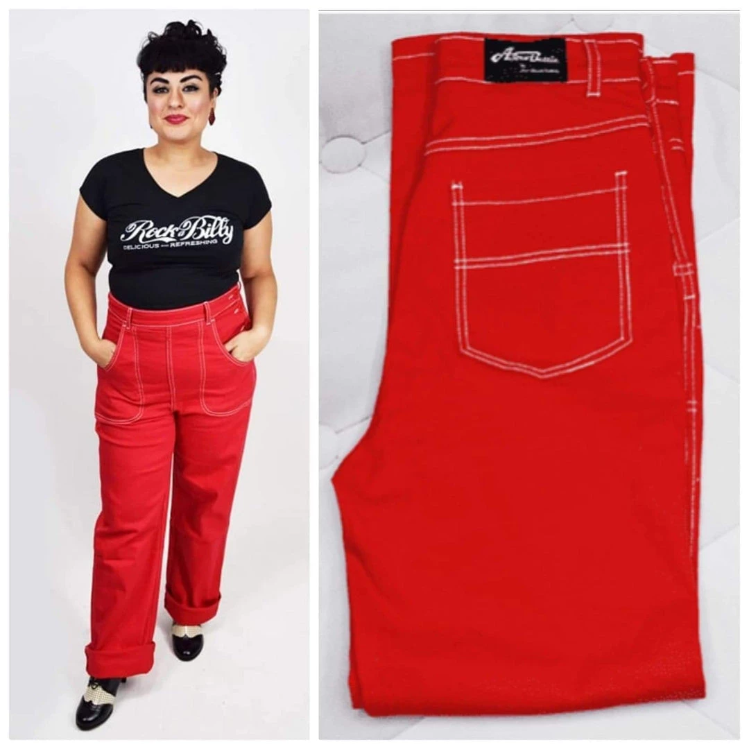 Women's Apparel Star Struck Clothing 50s Button Jeans In Red 4 Women's Apparel Star Struck Clothing 50s Button Jeans In Red