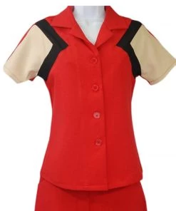 Star Struck 40s Tri-Tone Short Sleeve Work Blouse In Red & Tan