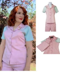 Star Struck 40s Tri-Tone Short Sleeve Work Blouse In Rose Pink Women's Apparel 7 Star Struck 40s Tri-Tone Short Sleeve Work Blouse In Rose Pink Women's Apparel