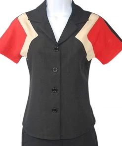 Star Struck 40s Tri-Tone Short Sleeve Work Blouse In Black & Red Women's Apparel