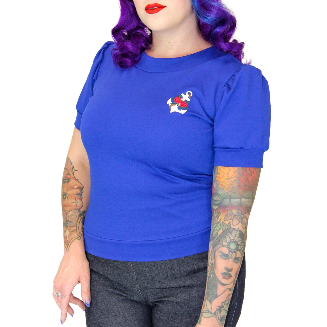 Women's Apparel Hemet Anchor And Roses Blouse In Blue 4 Women's Apparel Hemet Anchor And Roses Blouse In Blue