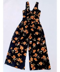 Voodoo Vixen Andrea Floral Wide Leg Jumpsuit In Navy Women's Apparel