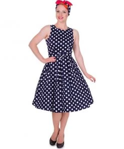 Dolly & Dotty Annie Swing Dress In Navy With White Dots Women's Apparel