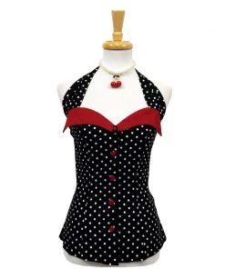 ChicStar Foldover Halter Top In Black With White Dots