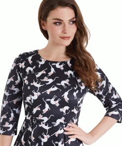 Dolly & Dotty Dolly And Dotty Beatrix Long Sleeved Midi Dress In Black Cat Print Women's Apparel