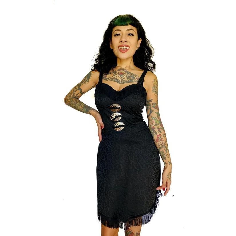 Women's Apparel Switchblade Stiletto Dolly Concho Fringe Dress In Black Leopard 3 Women's Apparel Switchblade Stiletto Dolly Concho Fringe Dress In Black Leopard