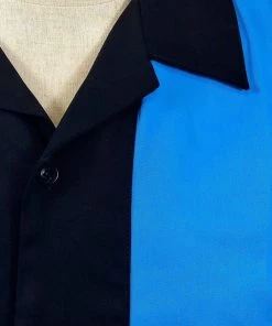 Glitz Glam And Rebellion GGR Men's Bowling Shirt In Black With Blue Panels 7 Glitz Glam And Rebellion GGR Men's Bowling Shirt In Black With Blue Panels