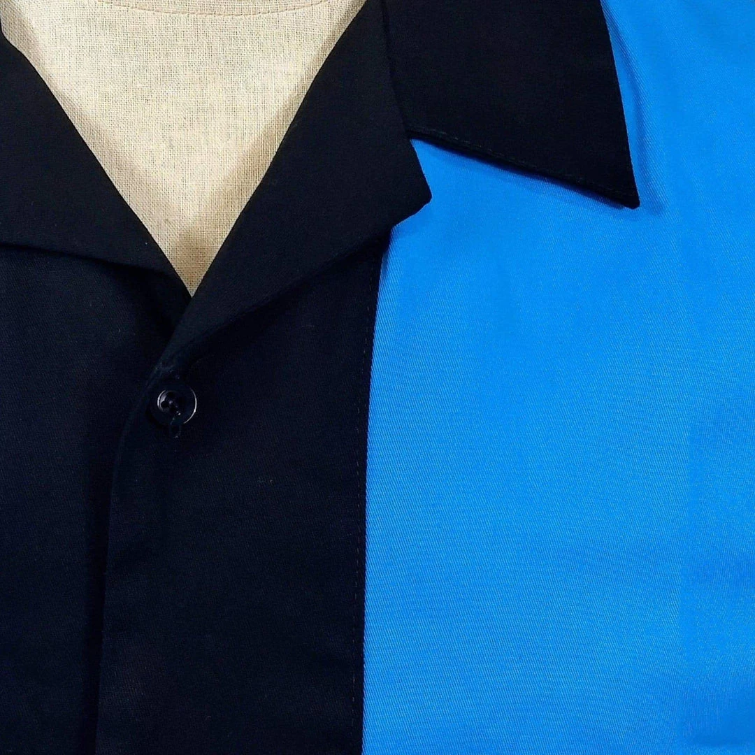 Glitz Glam And Rebellion GGR Men's Bowling Shirt In Black With Blue Panels 5 Glitz Glam And Rebellion GGR Men's Bowling Shirt In Black With Blue Panels