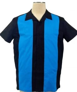 Glitz Glam And Rebellion GGR Men's Bowling Shirt In Black With Blue Panels
