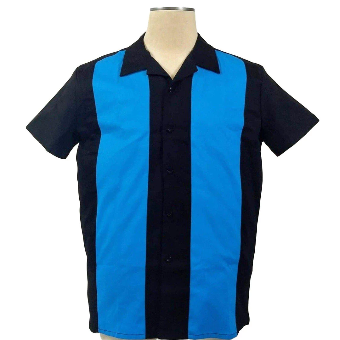 Glitz Glam And Rebellion GGR Men's Bowling Shirt In Black With Blue Panels 3 Glitz Glam And Rebellion GGR Men's Bowling Shirt In Black With Blue Panels