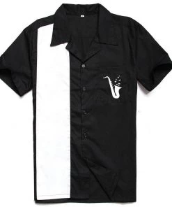 Glitz Glam And Rebellion Men's Bowling Shirt In Black With Saxophone Pocket