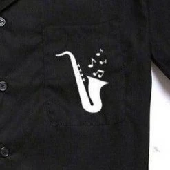 Glitz Glam And Rebellion Men's Bowling Shirt In Black With Saxophone Pocket