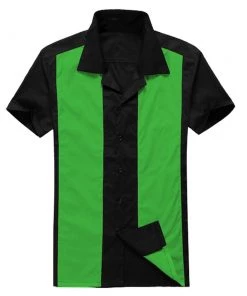 Glitz Glam And Rebellion Men's Bowling Shirt In Black With Green Panels