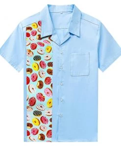 Glitz Glam And Rebellion Men's Bowling Shirt In Sky Blue With Donut Print Panel