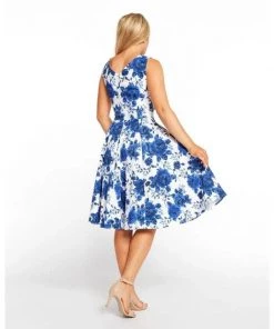 Eva Rose V-Neck Swing Dress In Wedgewood Blue Rose Print Women's Apparel