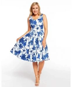 Eva Rose V-Neck Swing Dress In Wedgewood Blue Rose Print Women's Apparel