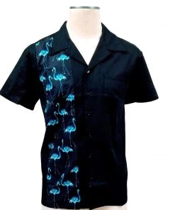 Glitz Glam And Rebellion Men's Apparel Men's Bowling Shirt With Blue Flamingo Panel