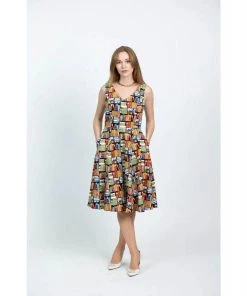 Eva Rose V-Neck Swing Dress In Book Print Women's Apparel