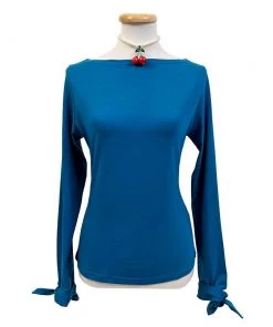 Banned Long Sleeved Bow Top In Turquoise Women's Apparel