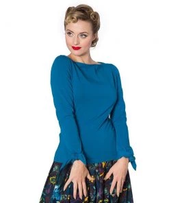Banned Long Sleeved Bow Top In Turquoise Women's Apparel