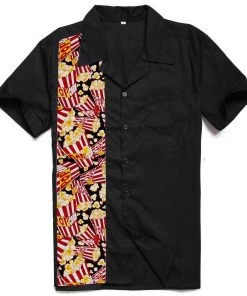 Glitz Glam And Rebellion GGR Men's Bowling Shirt In Black With Popcorn Print Panel Men's Apparel