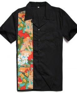 Glitz Glam And Rebellion Men's Bowling Shirt In Black With Retro Beach Babes Panel