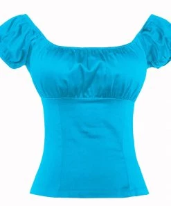 Glitz Glam And Rebellion Pinup Peasant Top In Solid Turquoise Blue