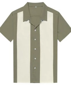 Glitz Glam And Rebellion Men's Bowling Shirt In Olive With White Panels