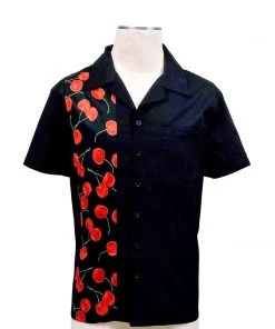 Glitz Glam And Rebellion Men's Bowling Shirt In Black With Cherry Print Panel
