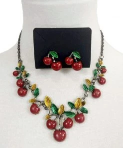 Glitz Glam And Rebellion Accessories GGR Jewelry Necklace And Earring Set Of Cherries With Leaves