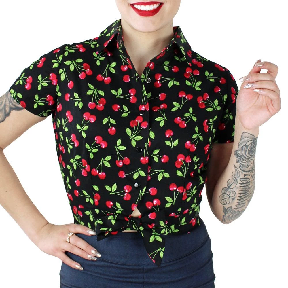 Hemet Knotted Top In Cherries On Black Women's Apparel 4 Hemet Knotted Top In Cherries On Black Women's Apparel