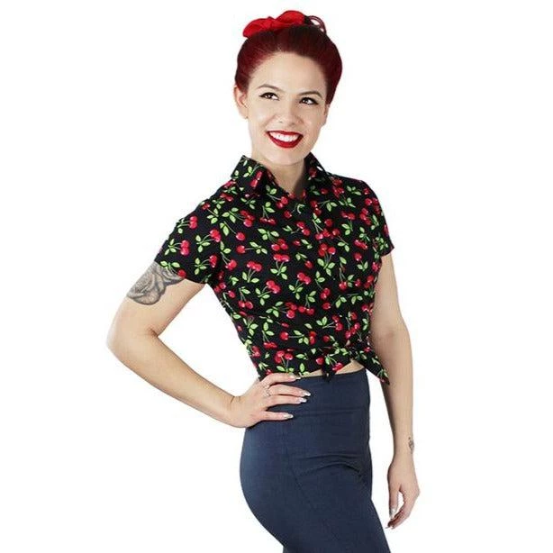 Hemet Knotted Top In Cherries On Black Women's Apparel 3 Hemet Knotted Top In Cherries On Black Women's Apparel