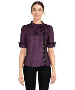 ChicStar Tie-Neck Studded Scholar Top In Purple Polka Dot