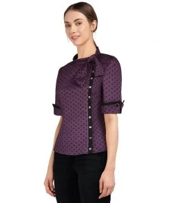 ChicStar Tie-Neck Studded Scholar Top In Purple Polka Dot
