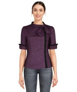 ChicStar Women's Apparel Tie-Neck Thoughtful Top In Purple Polka Dot